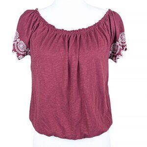 American Eagle Women's Embroidered Peasant Top, Boho Burgundy, Size M